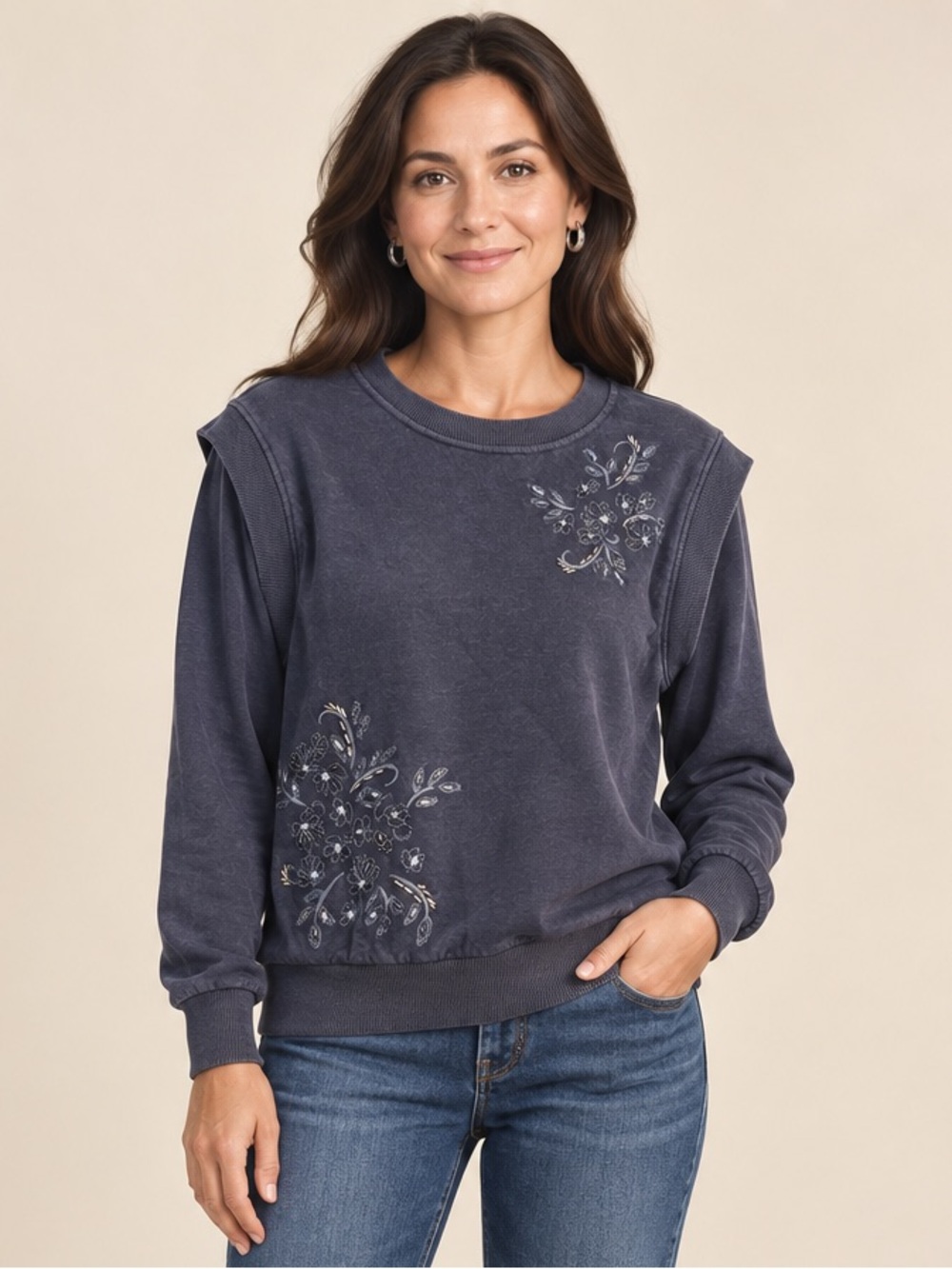 Democracy Navy Floral Embellished Long Sleeve Top – Petite Small